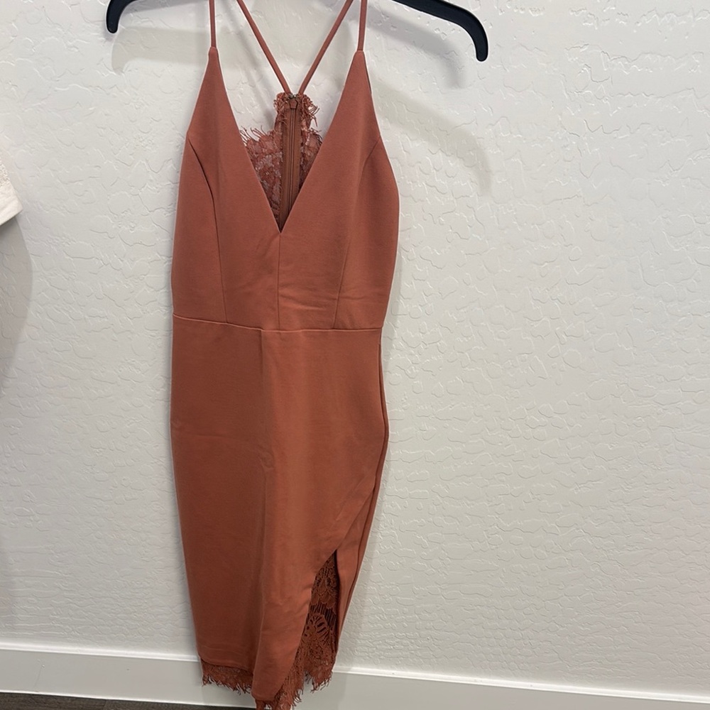 Astr Terracotta Backless Dress with Lace Detail